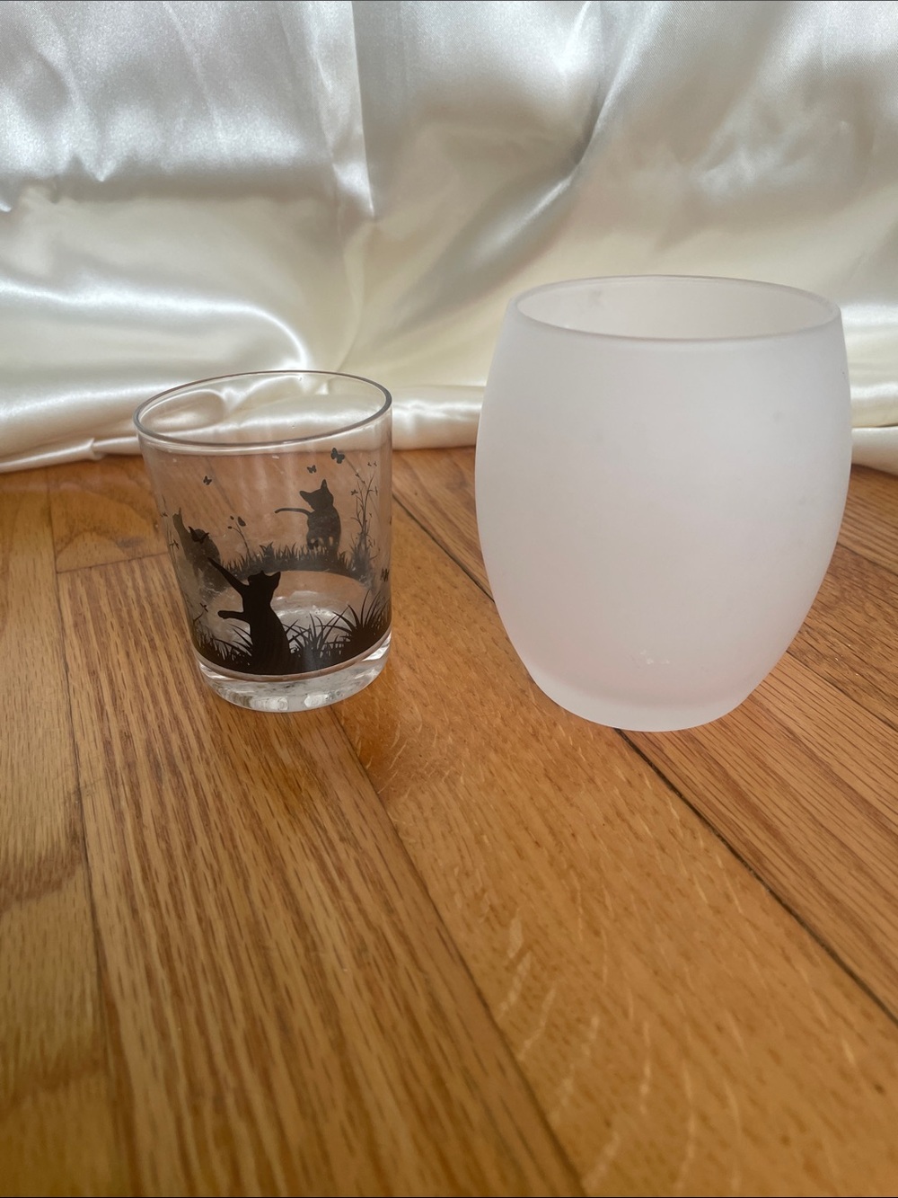 Frosted White Glass Votive Candle Holder - with cats!
